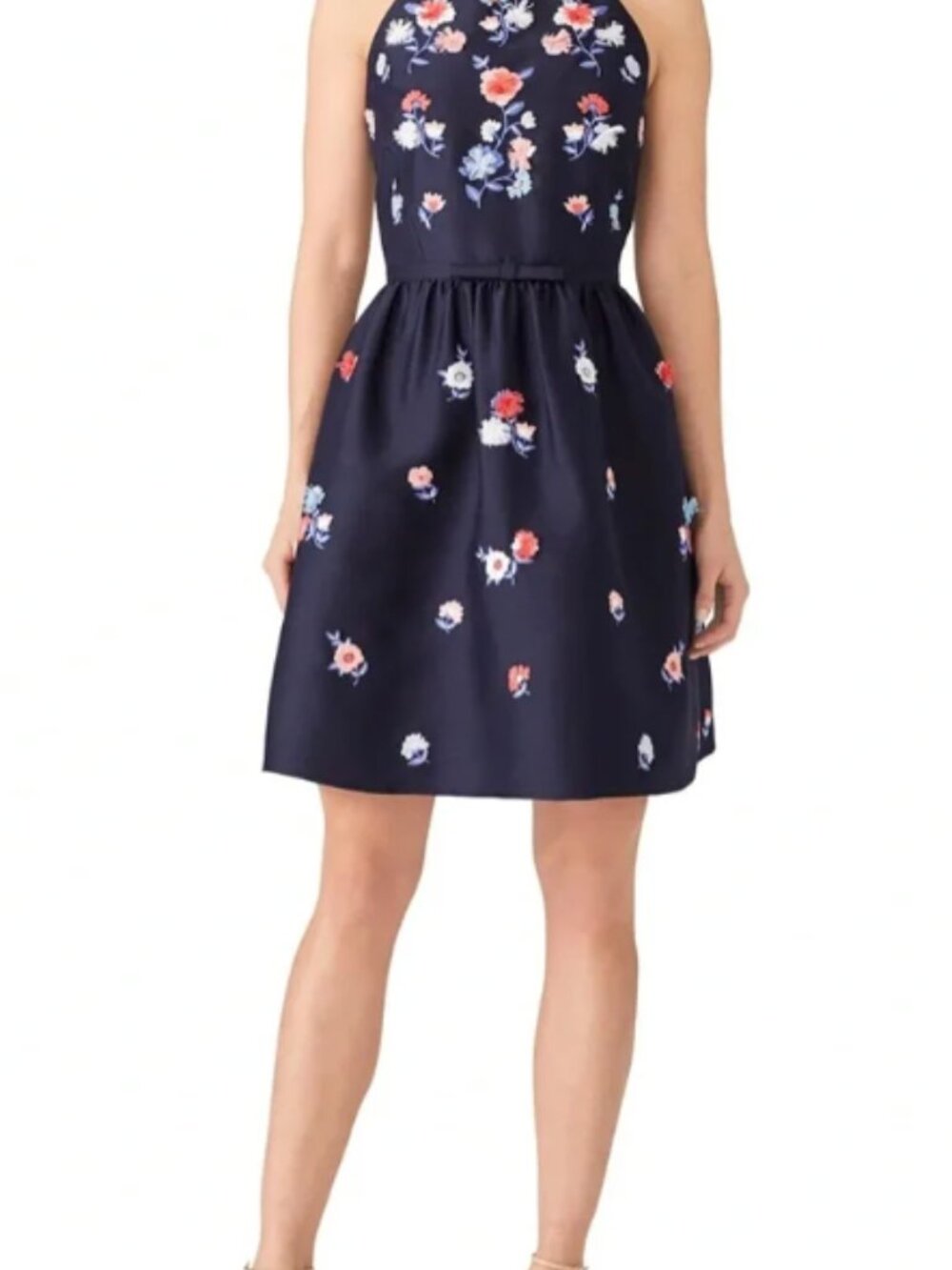 Kate Spade Pom Embroidered Dress Size 16 Navy Floral Halter with Pockets